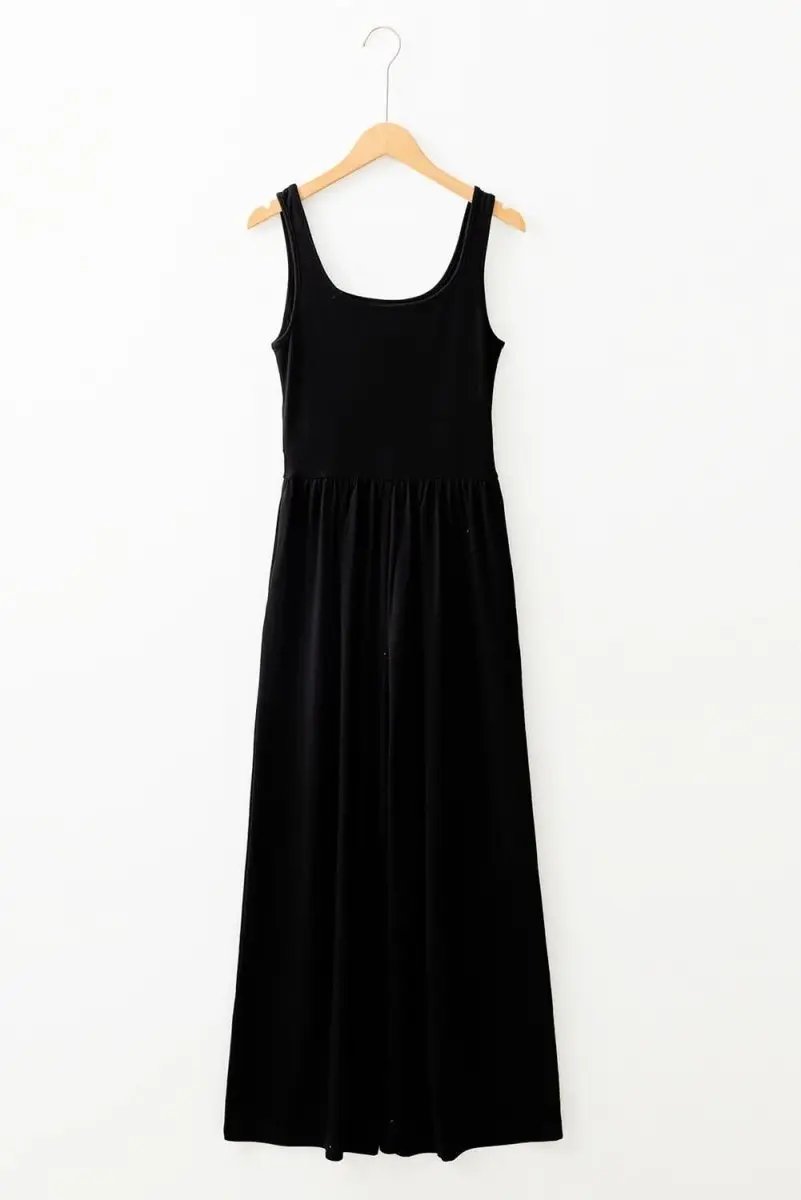Chic Black Peekaboo Wide Leg Jumpsuit with Square Neck and Sleeveless Design - Love Salve 