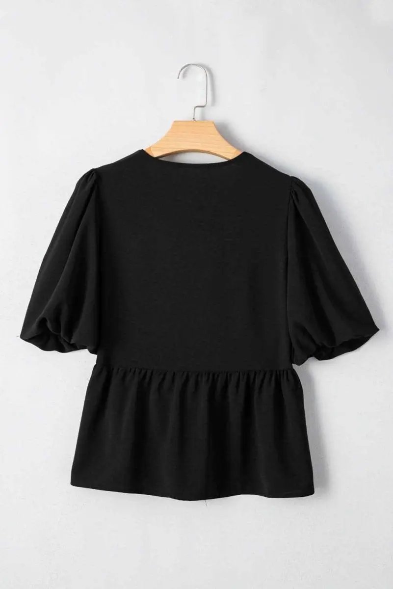 Chic Black Peplum Blouse with Puff Sleeves and Bowknot Detail - Love Salve 