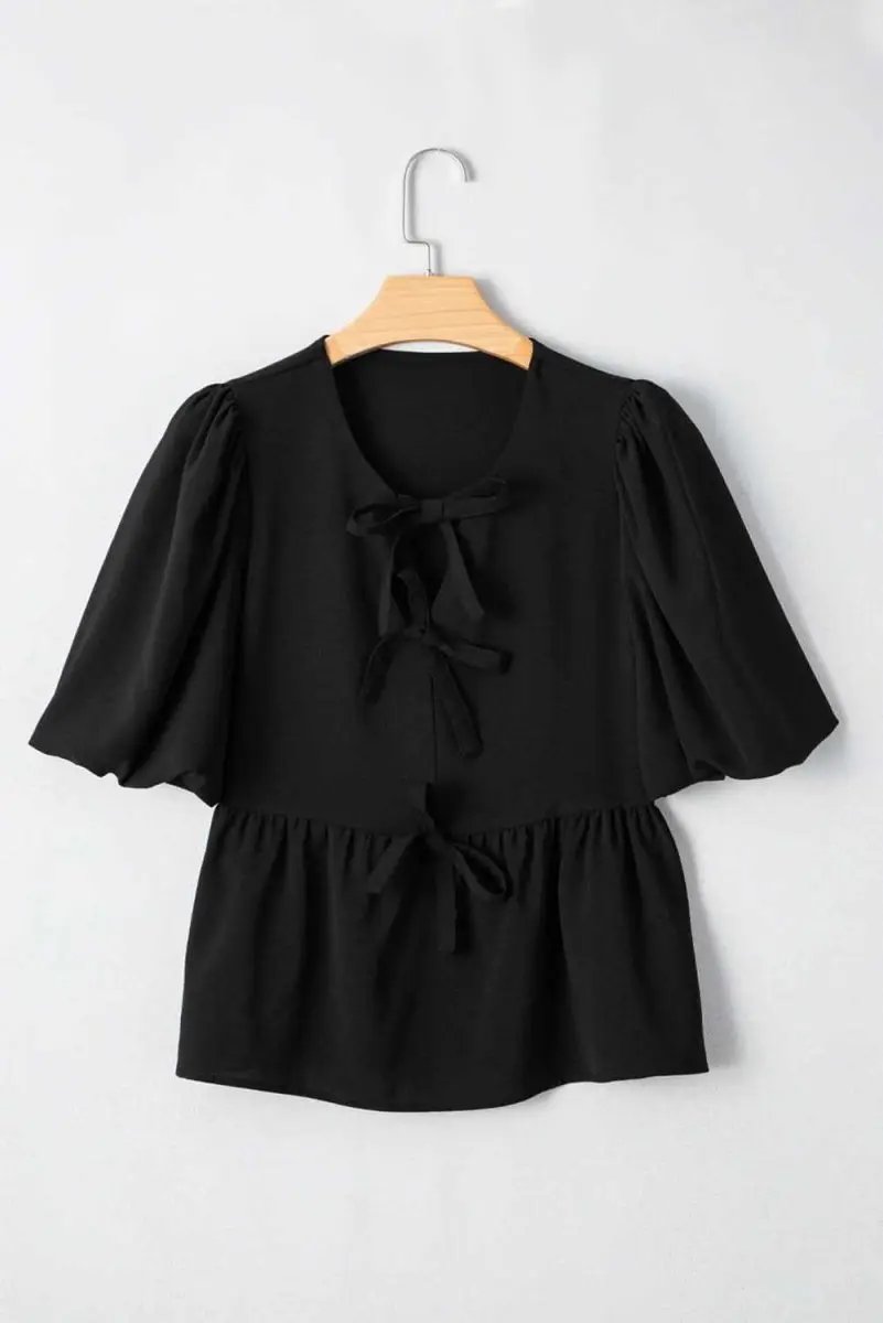 Chic Black Peplum Blouse with Puff Sleeves and Bowknot Detail - Love Salve 