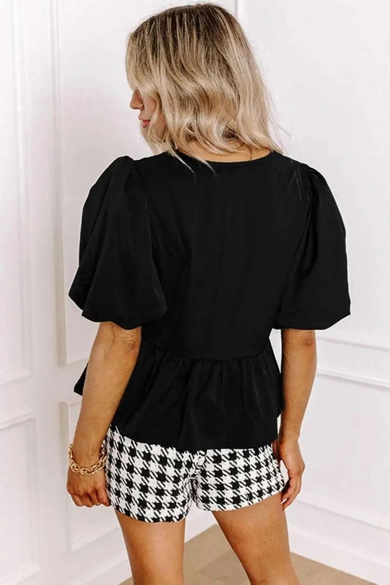 Chic Black Peplum Blouse with Puff Sleeves and Bowknot Detail - Love Salve 