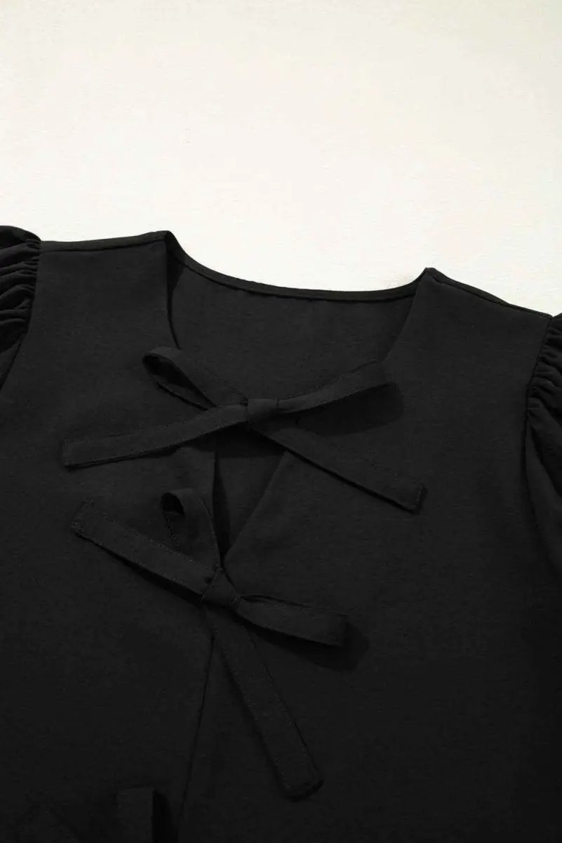 Chic Black Peplum Blouse with Puff Sleeves and Bowknot Detail - Love Salve 