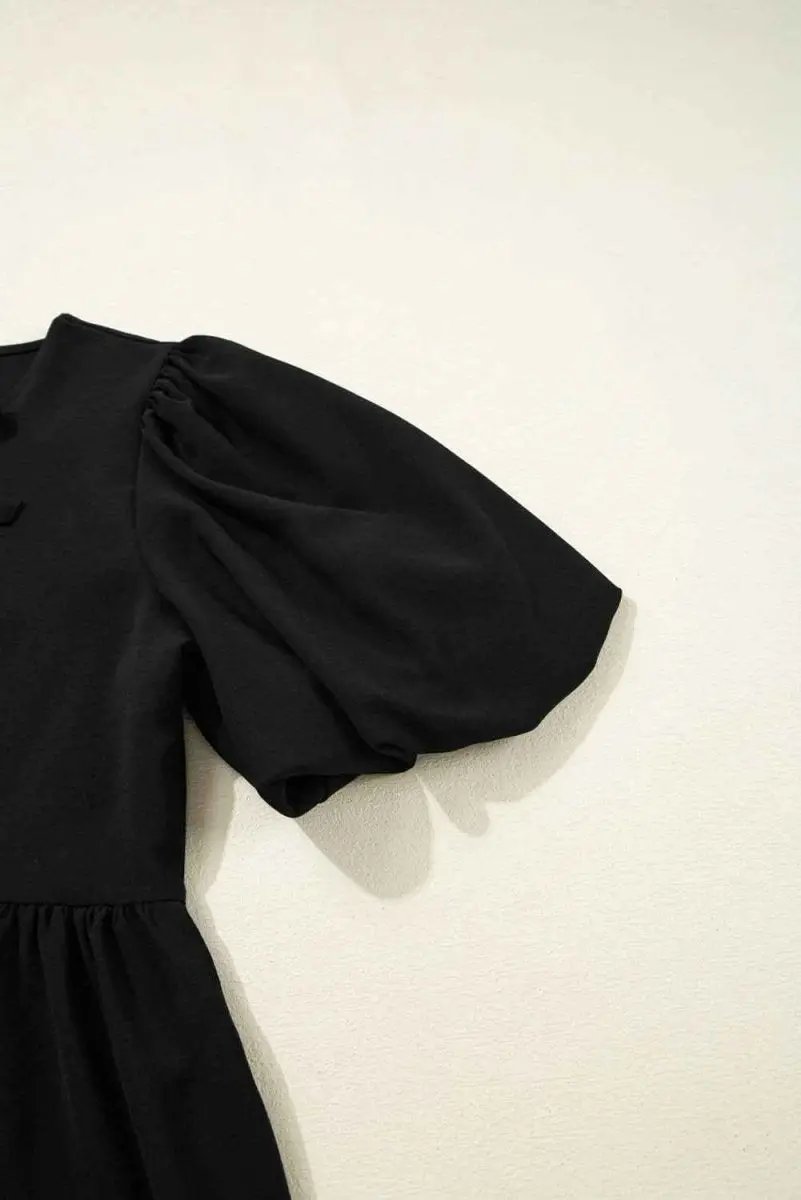Chic Black Peplum Blouse with Puff Sleeves and Bowknot Detail - Love Salve 