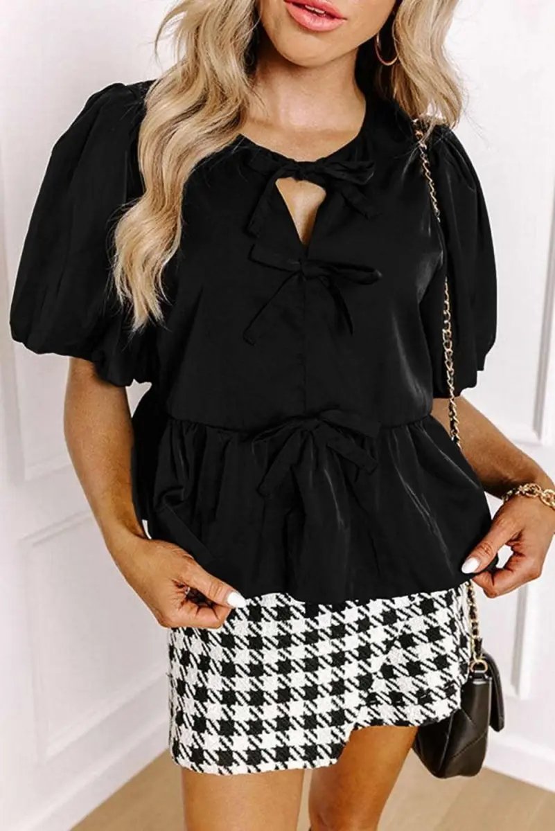 Chic Black Peplum Blouse with Puff Sleeves and Bowknot Detail - Love Salve 