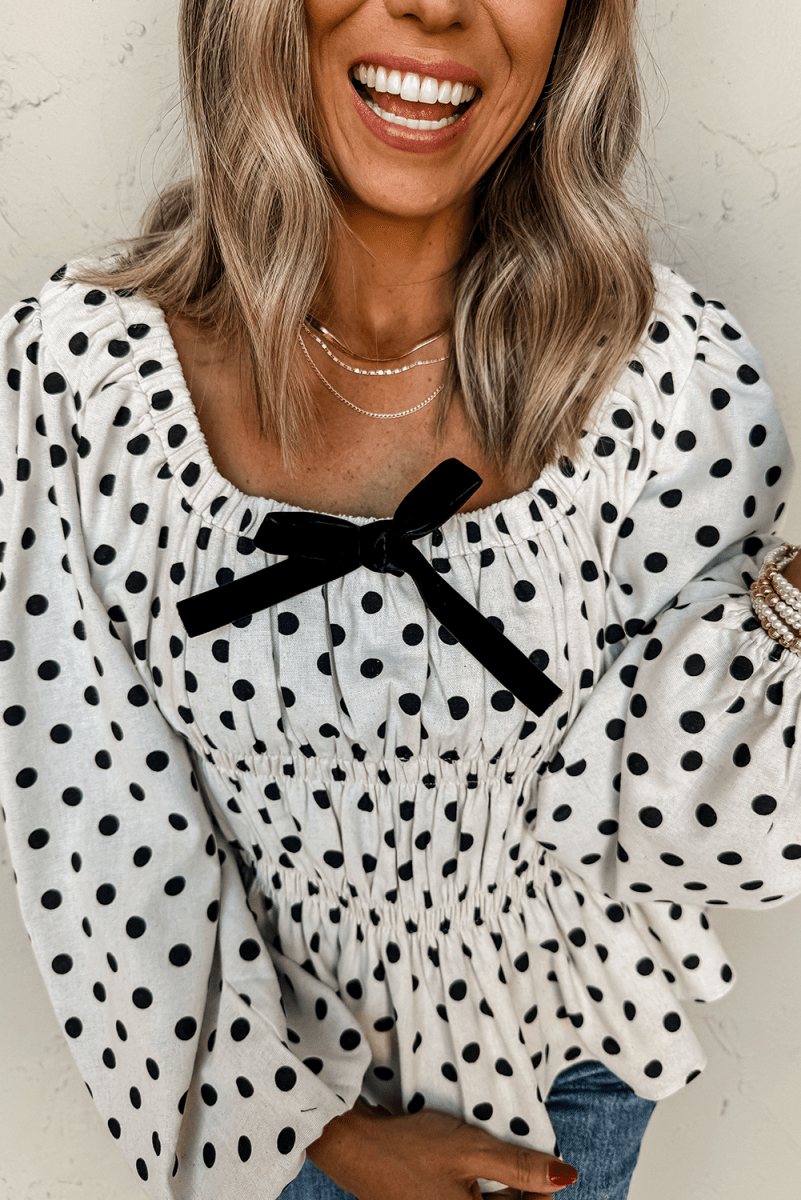 Chic Black Polka Dot Puff Sleeve Peplum Top with Bow Detail - Love Salve 
