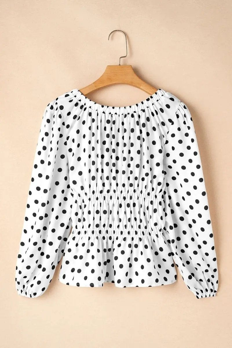 Chic Black Polka Dot Puff Sleeve Peplum Top with Bow Detail - Love Salve 