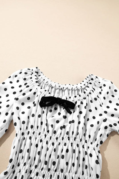 Chic Black Polka Dot Puff Sleeve Peplum Top with Bow Detail - Love Salve 