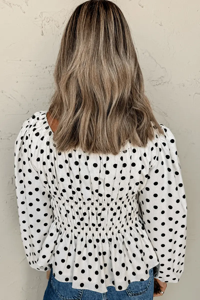 Chic Black Polka Dot Puff Sleeve Peplum Top with Bow Detail - Love Salve 