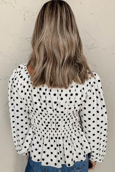 Chic Black Polka Dot Puff Sleeve Peplum Top with Bow Detail - Love Salve 