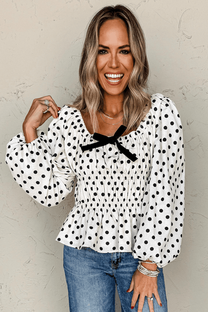 Chic Black Polka Dot Puff Sleeve Peplum Top with Bow Detail - Love Salve 