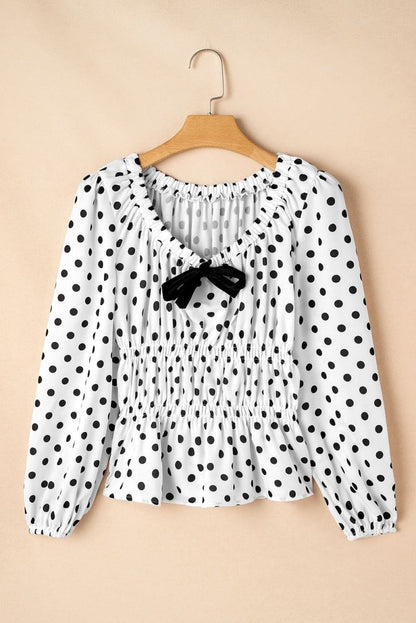 Chic Black Polka Dot Puff Sleeve Peplum Top with Bow Detail - Love Salve 