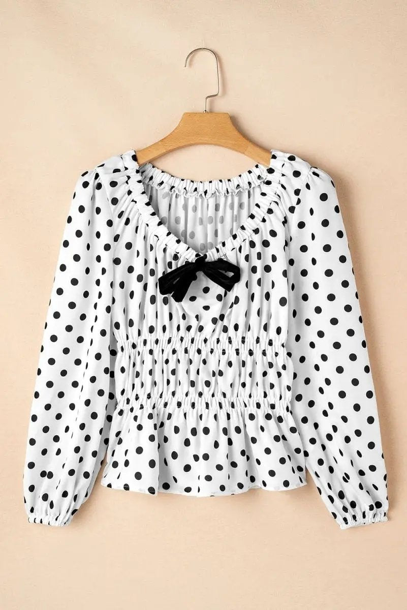 Chic Black Polka Dot Puff Sleeve Peplum Top with Bow Detail - Love Salve 