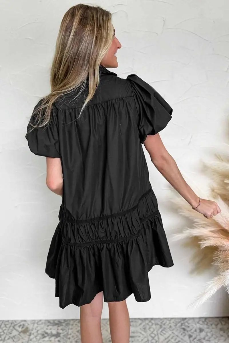 Chic Black Puff Sleeve Ruffle Hem Button Down Dress - Love Salve 