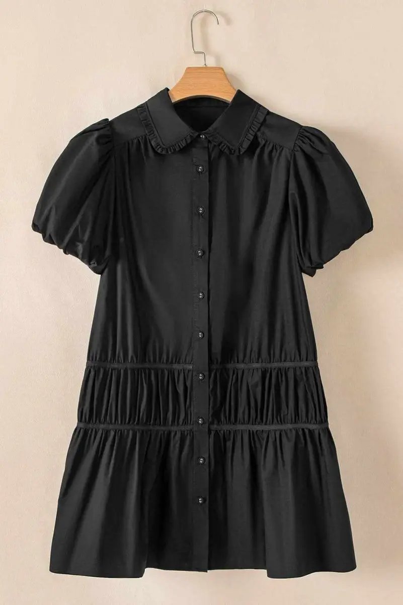 Chic Black Puff Sleeve Ruffle Hem Button Down Dress - Love Salve 