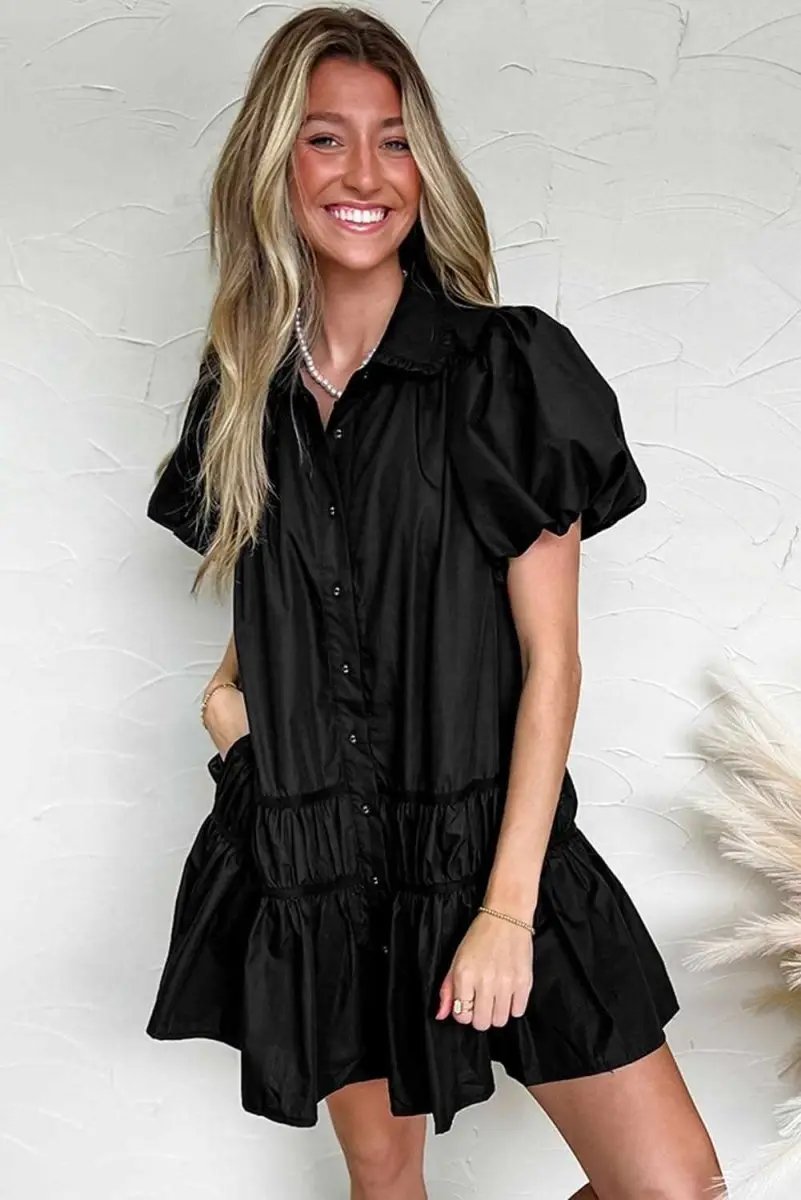 Chic Black Puff Sleeve Ruffle Hem Button Down Dress - Love Salve 