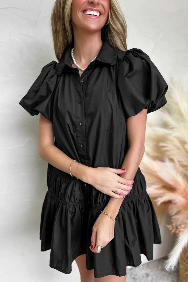 Chic Black Puff Sleeve Ruffle Hem Button Down Dress - Love Salve 