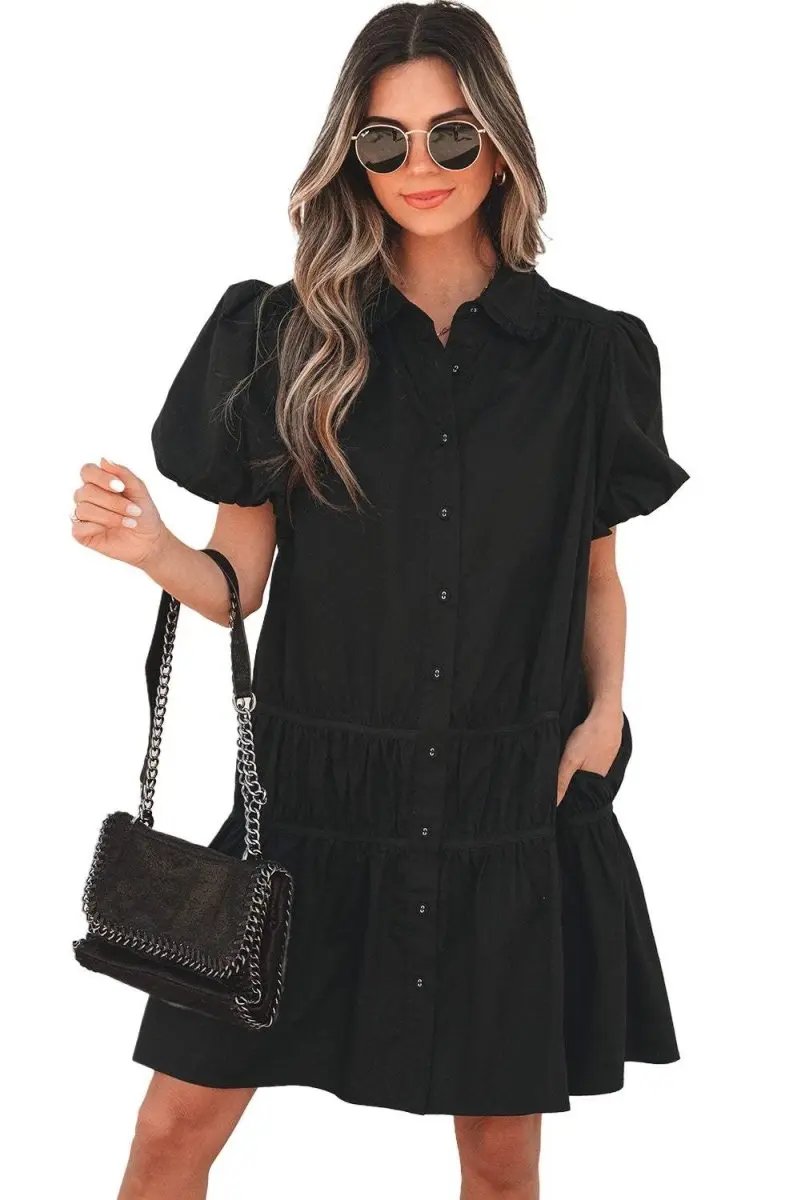 Chic Black Puff Sleeve Ruffle Hem Button Down Dress - Love Salve 