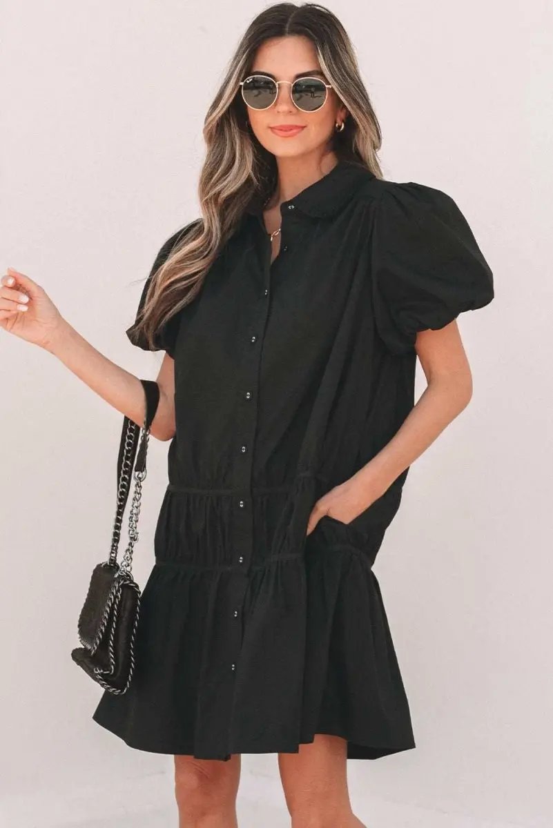 Chic Black Puff Sleeve Ruffle Hem Button Down Dress - Love Salve 