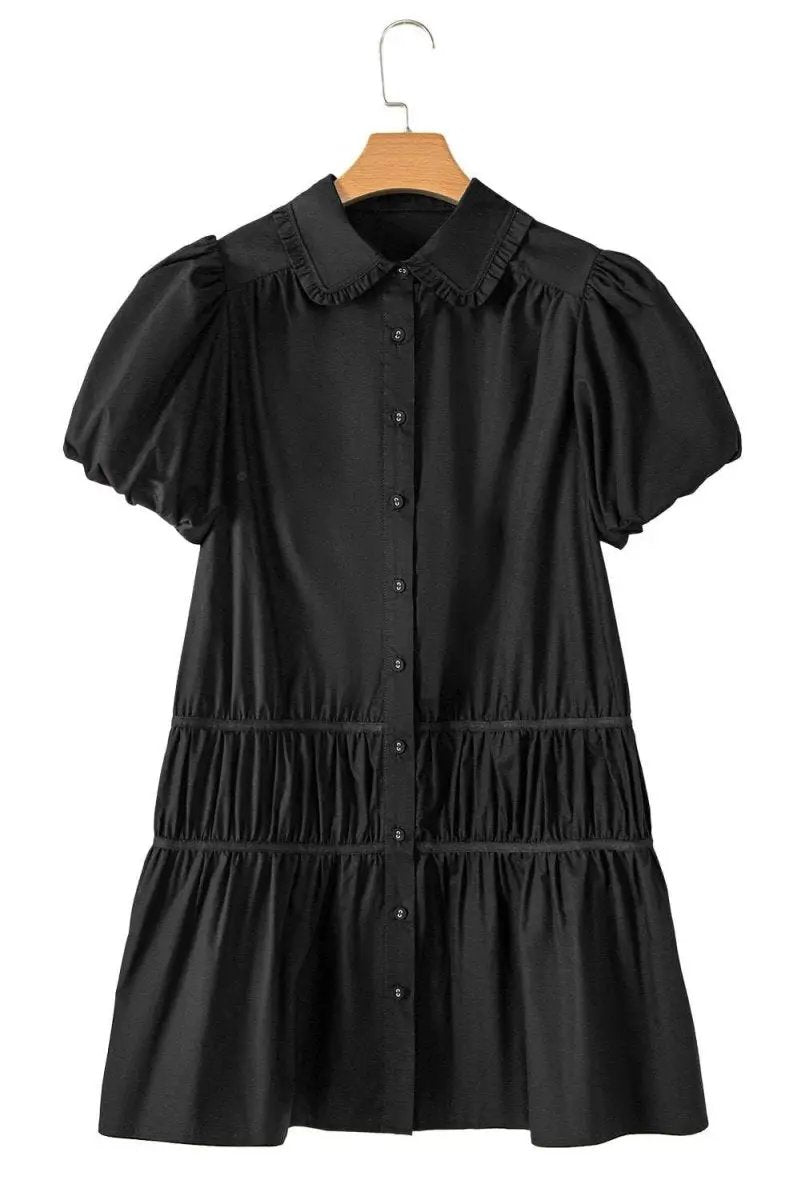 Chic Black Puff Sleeve Ruffle Hem Button Down Dress - Love Salve 