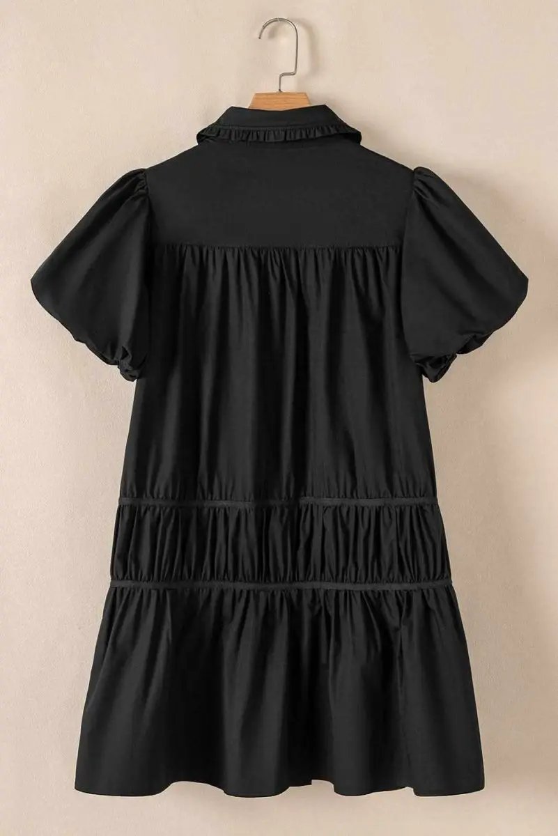 Chic Black Puff Sleeve Ruffle Hem Button Down Dress - Love Salve 