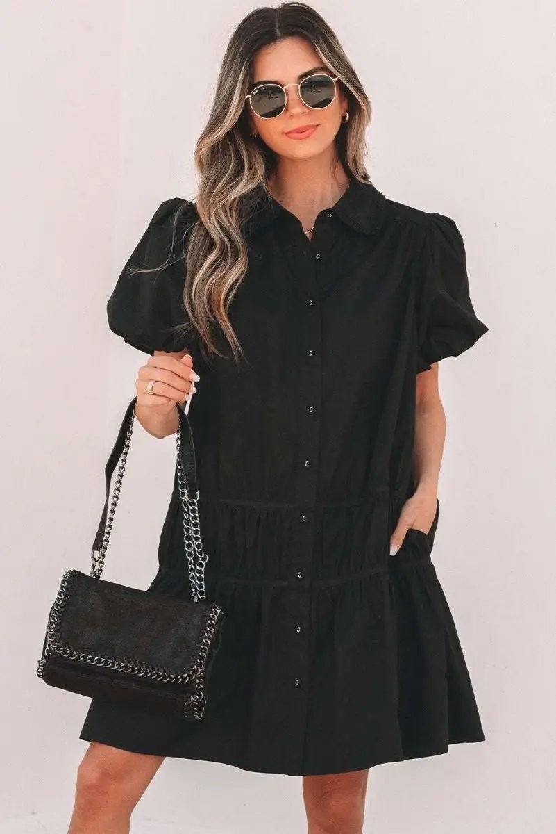Chic Black Puff Sleeve Ruffle Hem Button Down Dress - Love Salve 