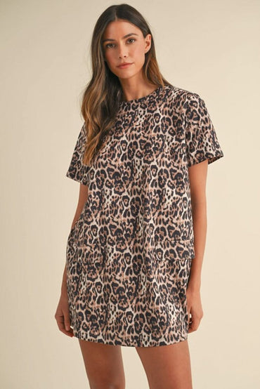 Chic Brown Leopard Print Shift Mini T-Shirt Dress with Crew Neck - Love Salve 