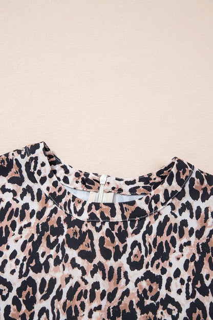 Chic Brown Leopard Print Shift Mini T-Shirt Dress with Crew Neck - Love Salve 