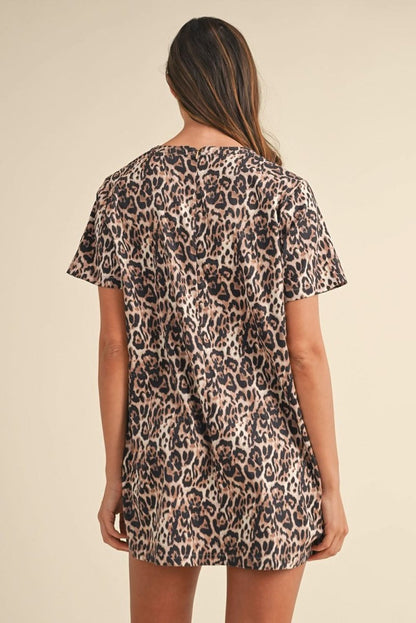 Chic Brown Leopard Print Shift Mini T-Shirt Dress with Crew Neck - Love Salve 