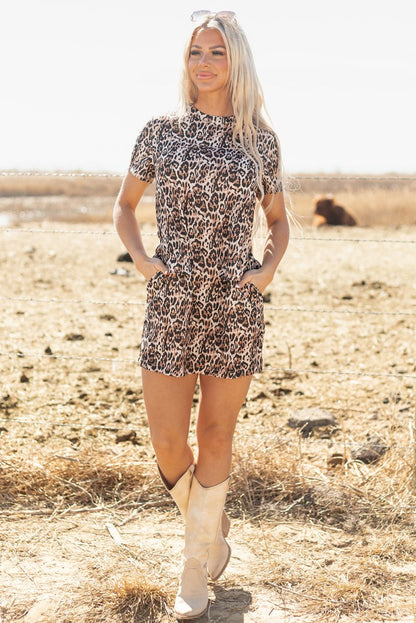 Chic Brown Leopard Print Shift Mini T-Shirt Dress with Crew Neck - Love Salve 