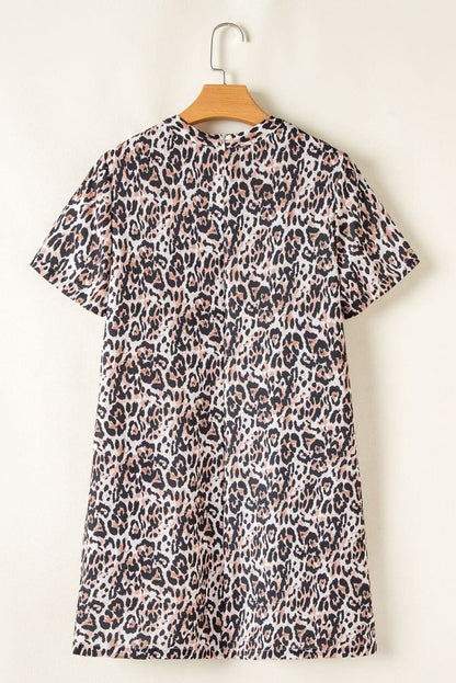 Chic Brown Leopard Print Shift Mini T-Shirt Dress with Crew Neck - Love Salve 