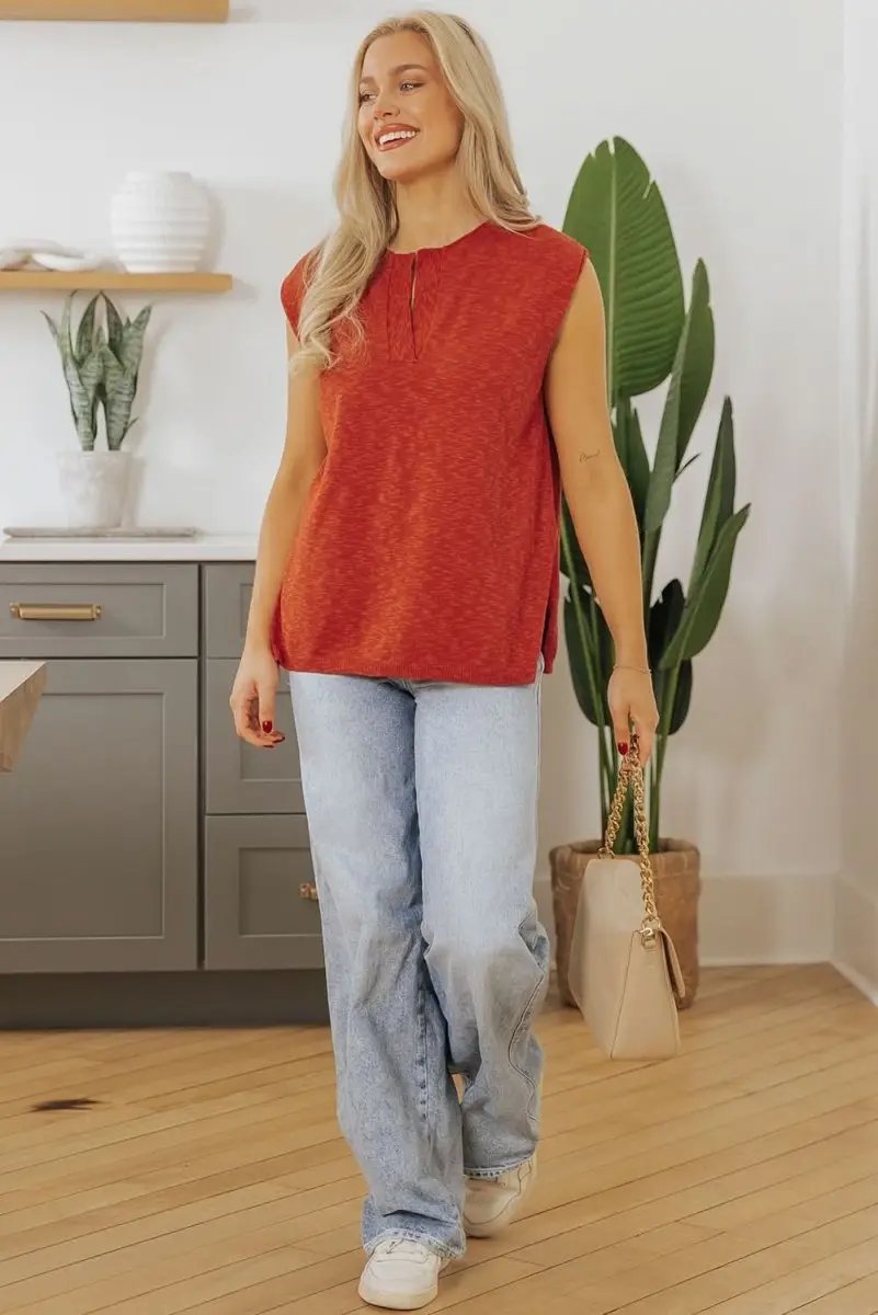 Chic Orange Split V-Neck Short Sleeve Knit Sweater - Love Salve 