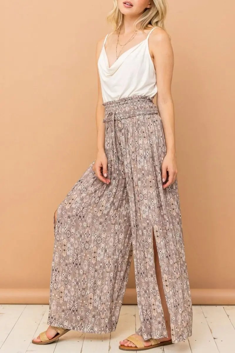Chic Printed Smocked Waist Wide Leg Slit Pants - Love Salve 