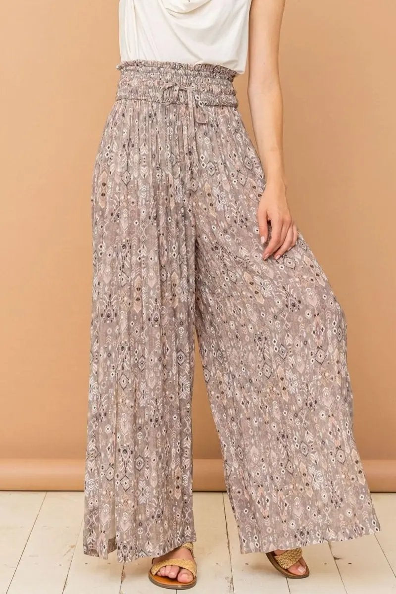 Chic Printed Smocked Waist Wide Leg Slit Pants - Love Salve 