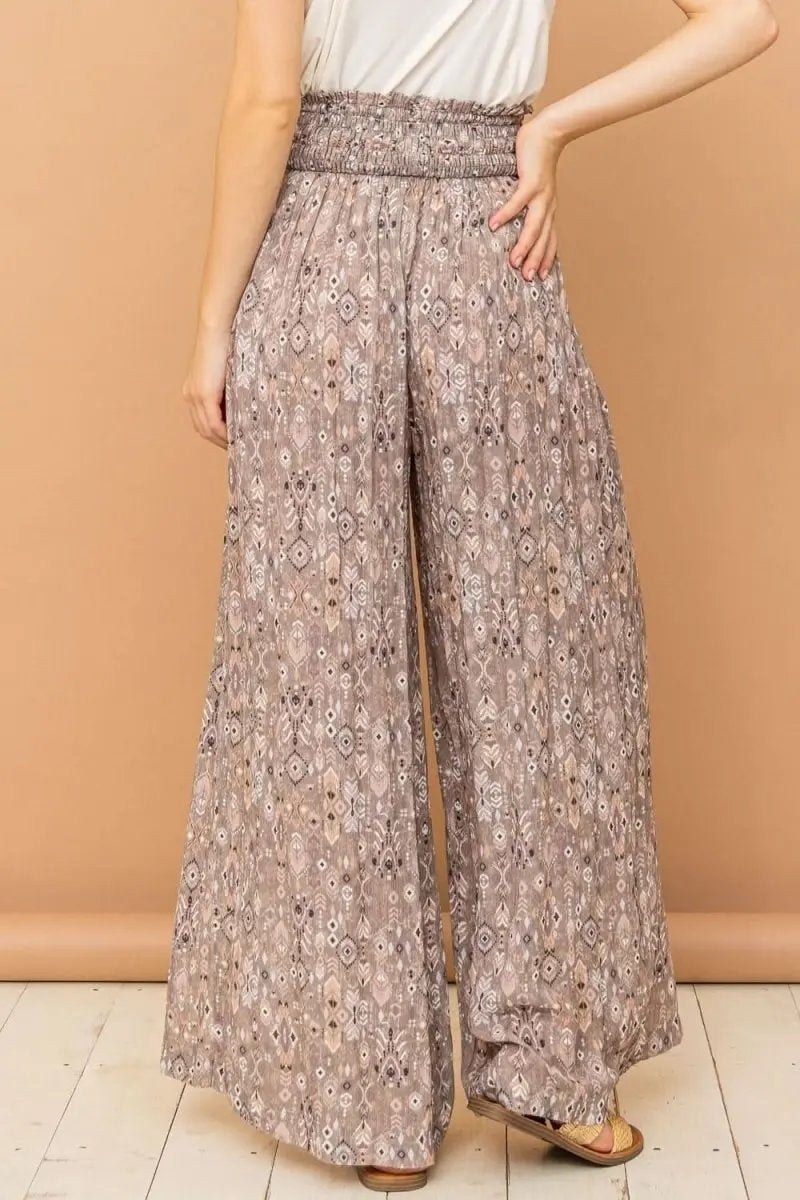 Chic Printed Smocked Waist Wide Leg Slit Pants - Love Salve 