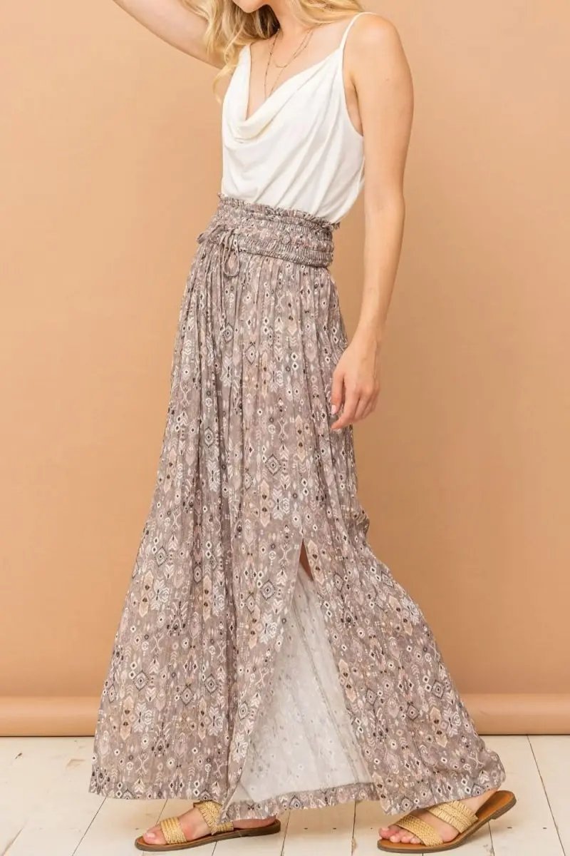 Chic Printed Smocked Waist Wide Leg Slit Pants - Love Salve 