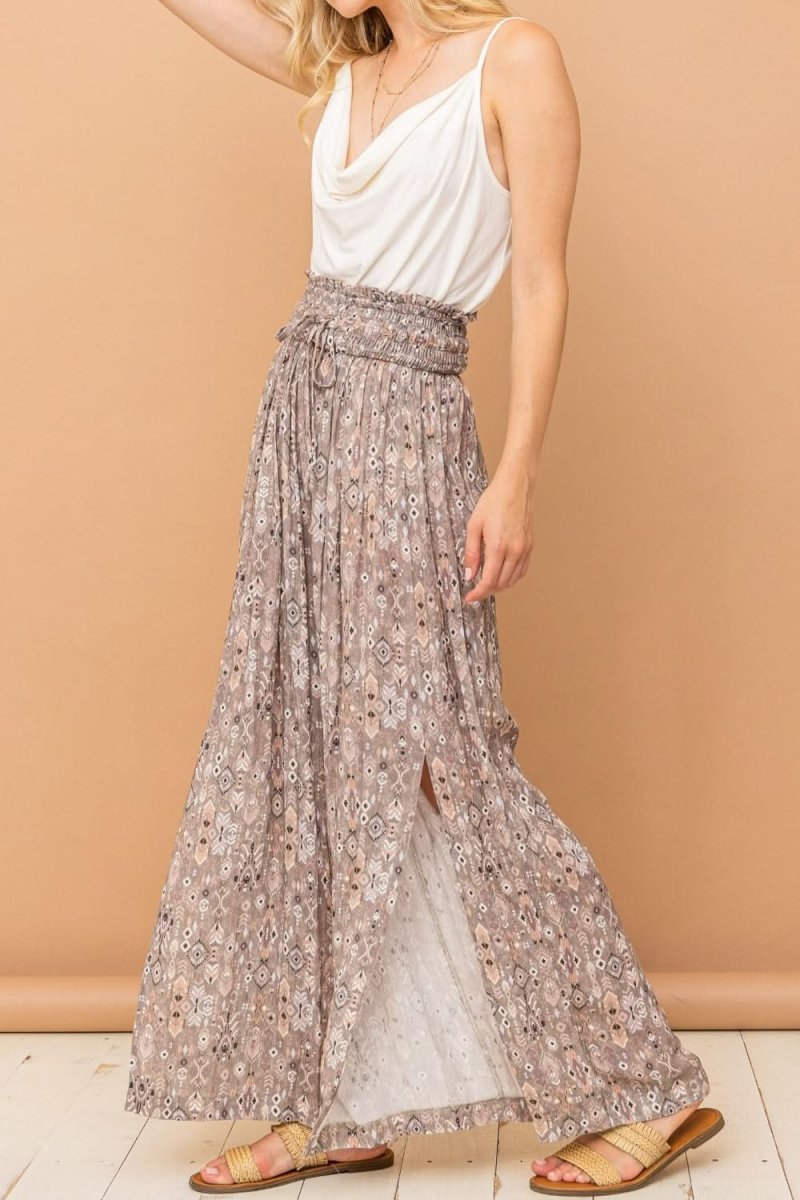 Chic Printed Smocked Waist Wide Leg Slit Pants - Love Salve 