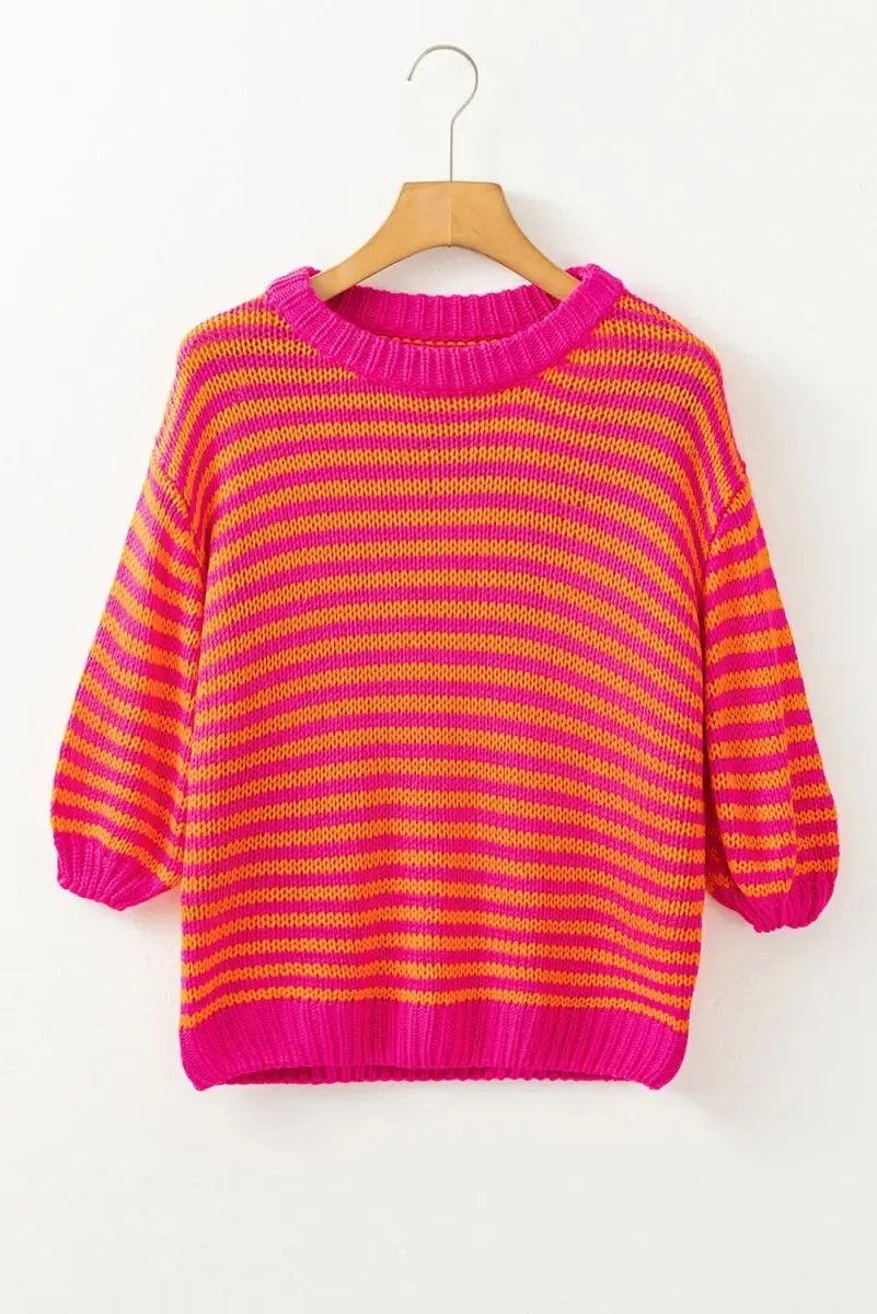 Chic Rose Striped 3/4 Puff Sleeve Drop Shoulder Knit Sweater - Love Salve 