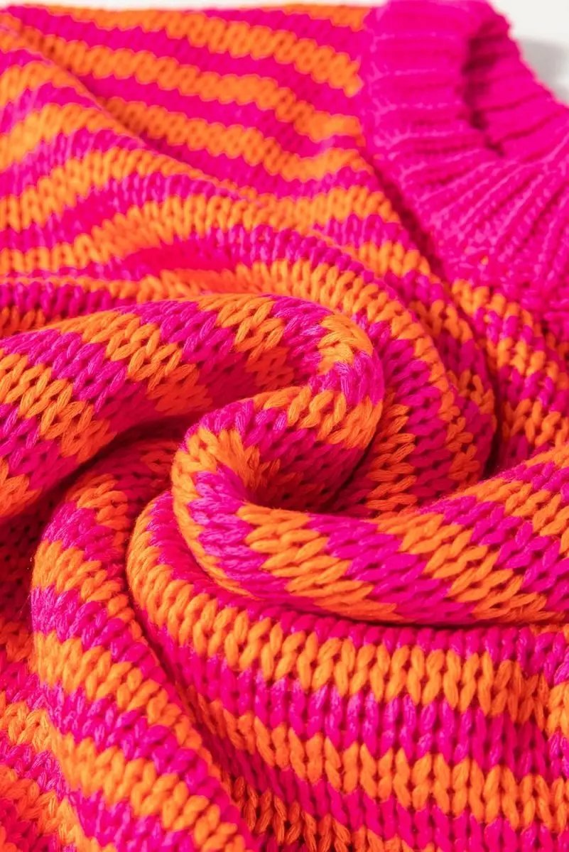 Chic Rose Striped 3/4 Puff Sleeve Drop Shoulder Knit Sweater - Love Salve 