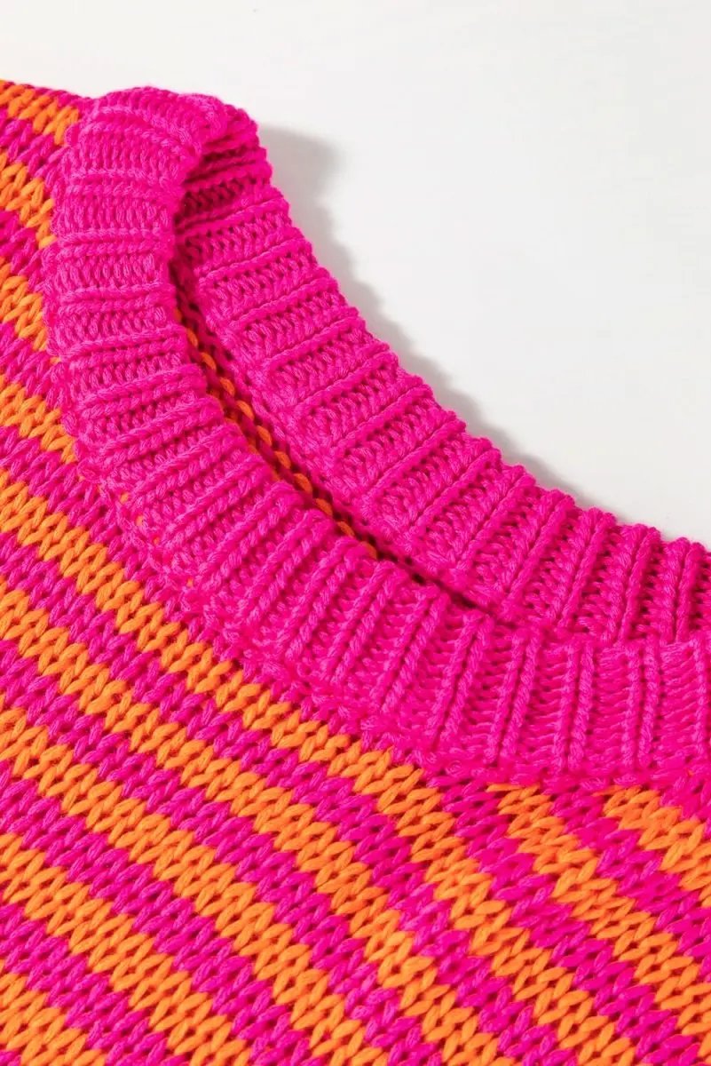 Chic Rose Striped 3/4 Puff Sleeve Drop Shoulder Knit Sweater - Love Salve 