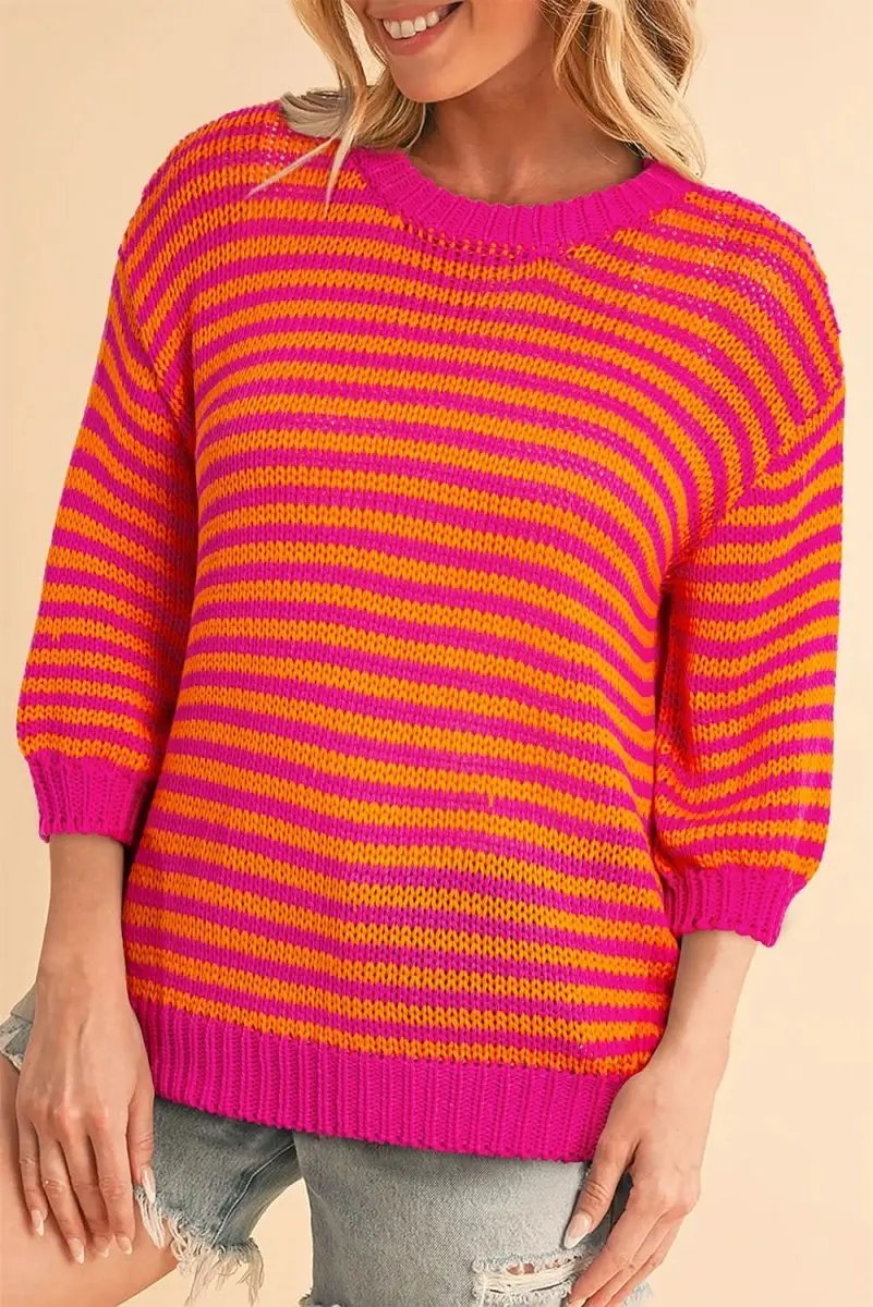 Chic Rose Striped 3/4 Puff Sleeve Drop Shoulder Knit Sweater - Love Salve 