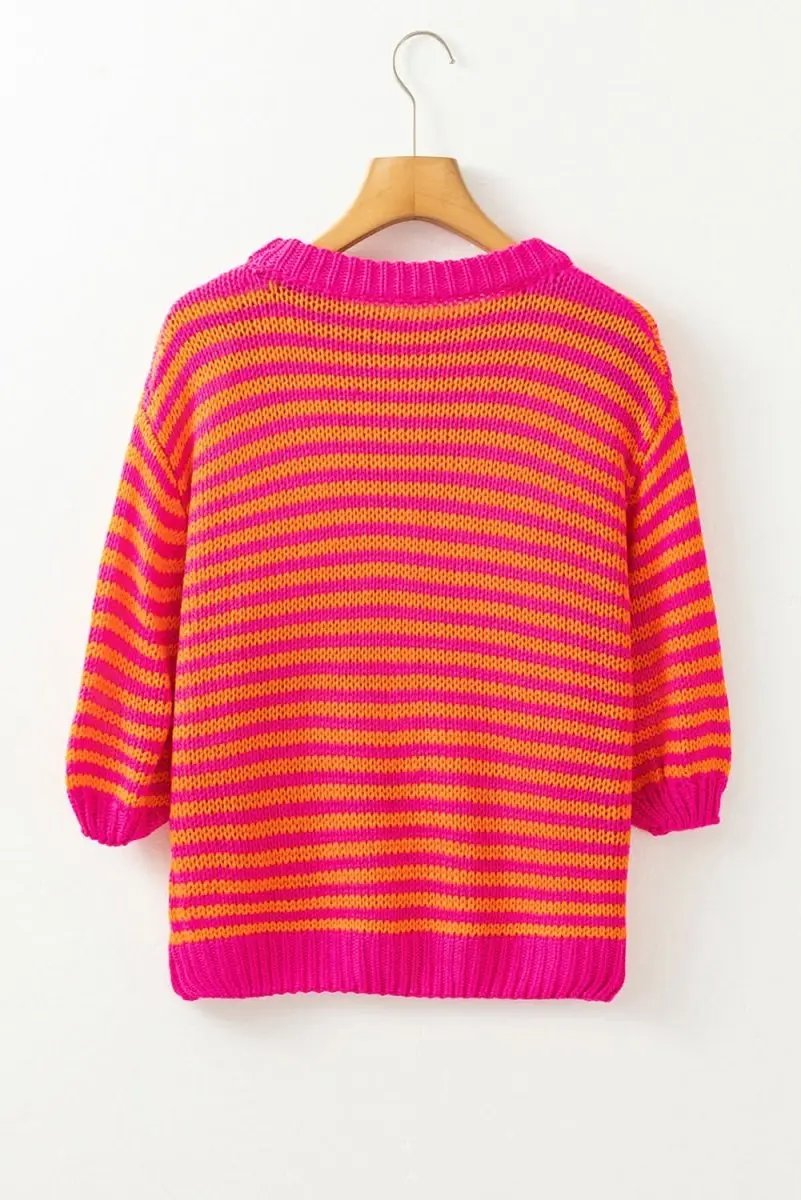 Chic Rose Striped 3/4 Puff Sleeve Drop Shoulder Knit Sweater - Love Salve 