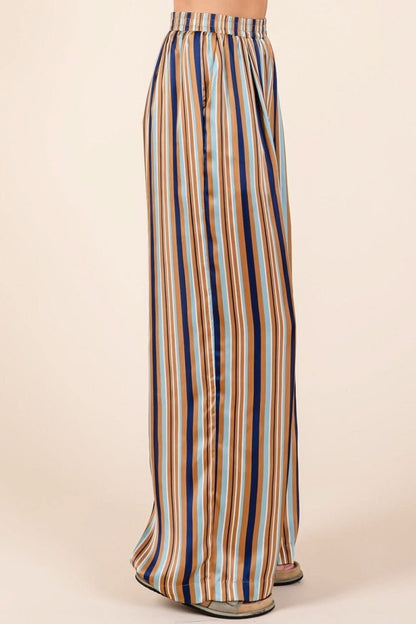 Chic Striped Satin Wide Leg Pants with Elastic Waist and Pockets - Love Salve 