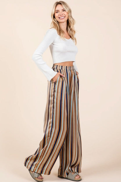 Chic Striped Satin Wide Leg Pants with Elastic Waist and Pockets - Love Salve 