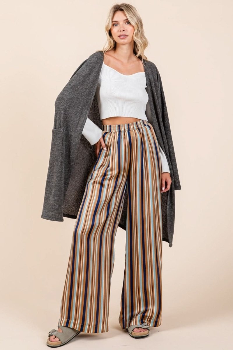 Chic Striped Satin Wide Leg Pants with Elastic Waist and Pockets - Love Salve 