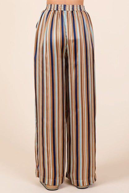 Chic Striped Satin Wide Leg Pants with Elastic Waist and Pockets - Love Salve 