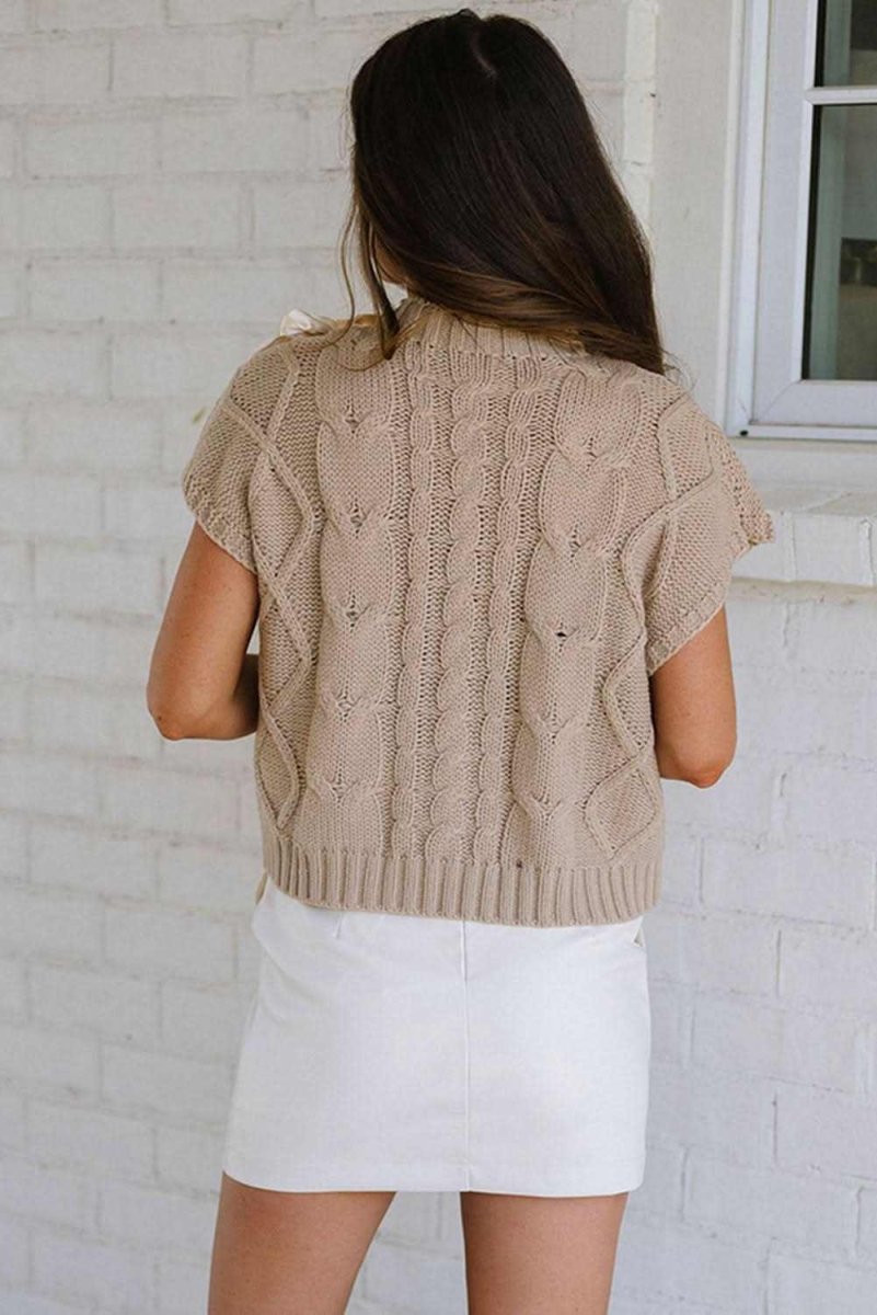 Chic Taupe Colorblocked Cable Knit Sweater with Satin Bow Detail - Love Salve 