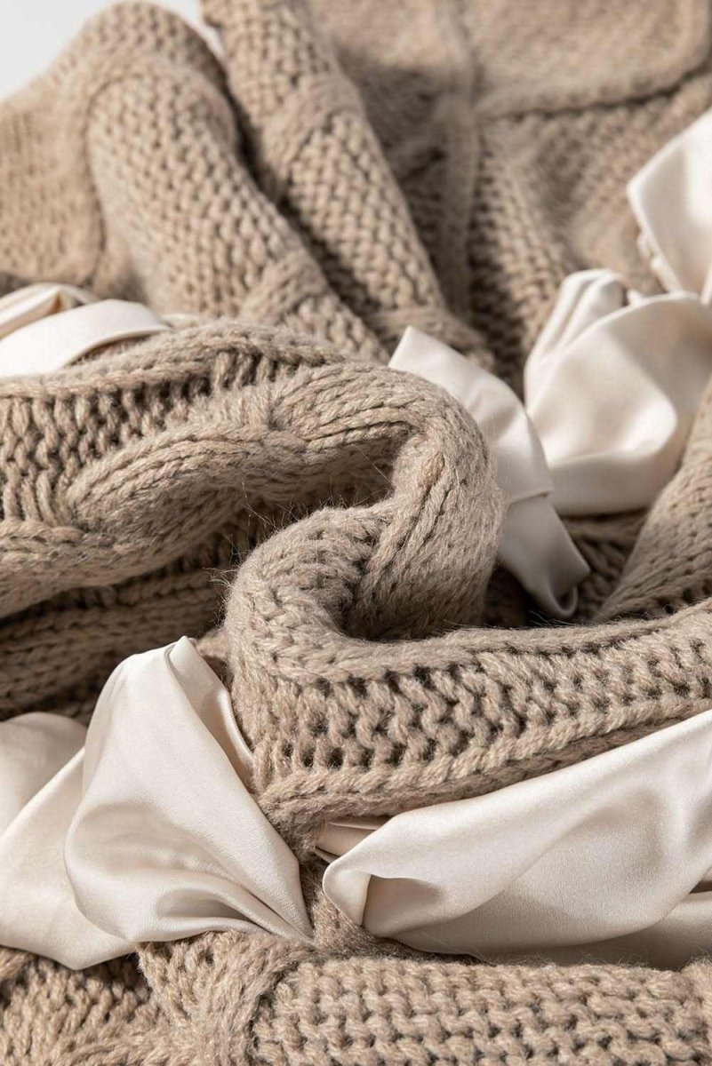 Chic Taupe Colorblocked Cable Knit Sweater with Satin Bow Detail - Love Salve 