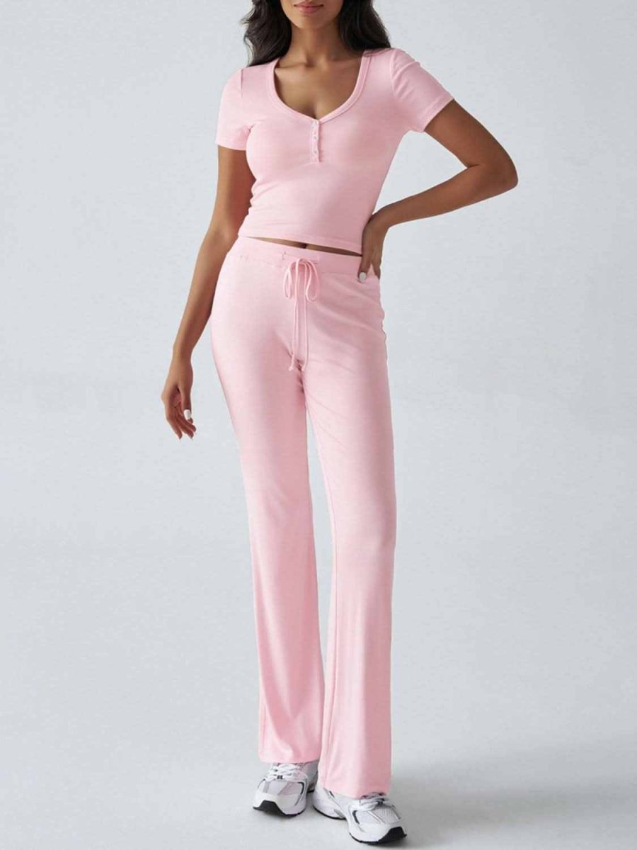 Chic Two-Piece Short Sleeve Top and Drawstring Pants Set - Love Salve 