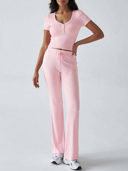 Chic Two-Piece Short Sleeve Top and Drawstring Pants Set - Love Salve 