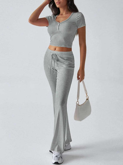 Chic Two-Piece Short Sleeve Top and Drawstring Pants Set - Love Salve 