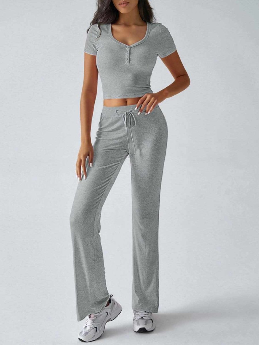 Chic Two-Piece Short Sleeve Top and Drawstring Pants Set - Love Salve 